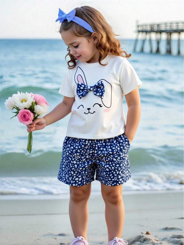 SHEIN Young Girl Cartoon Graphic Bow Front Tee & Dalmatian Print Shorts
