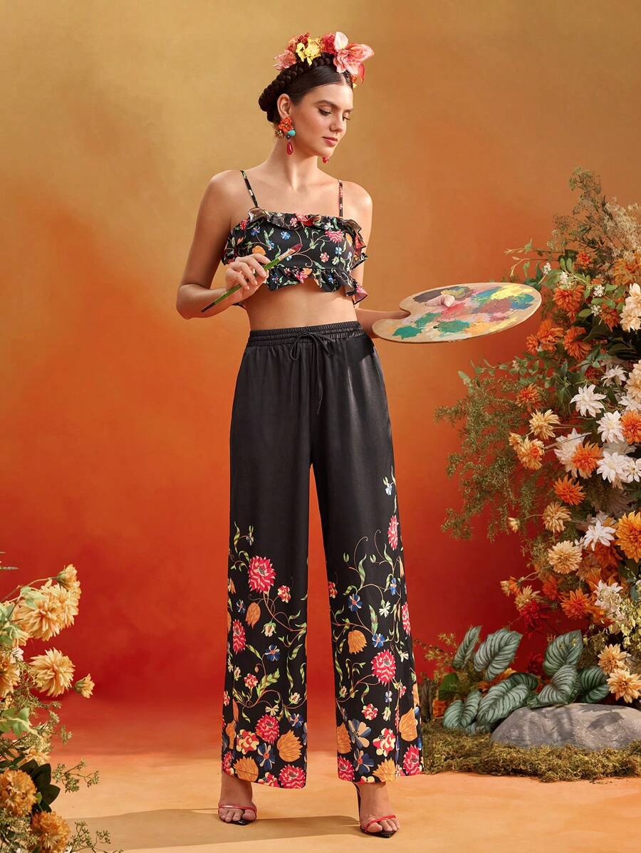Oxana Frida Kahlo X SHEIN X Designer 黑色碎花松紧腰可调节抽绳阔腿女裤夏季假日 - 彩色 - 查看 1