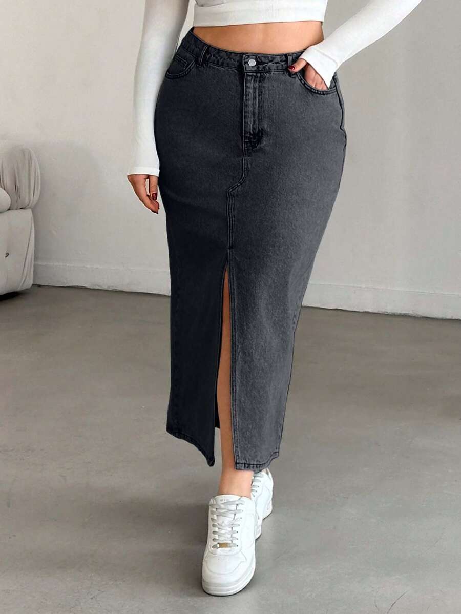 SHEIN Cottnline Plus High Waist Front Slit Denim Skirt - Light Grey - View 1