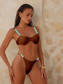 Swim Chiccia Minimalist Shining Fabric Wire Push-Up Adjustable Strap Tie Back Crop Top And Thong Bikini 2pc Set, Beach Vacation For Summer - Coffee Brown - View 5