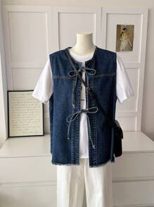 DAZY Áo vest denim rộng rãi có dây trang trí nơ cho nữ - Màu xanh bụi bặm - Xem 3
