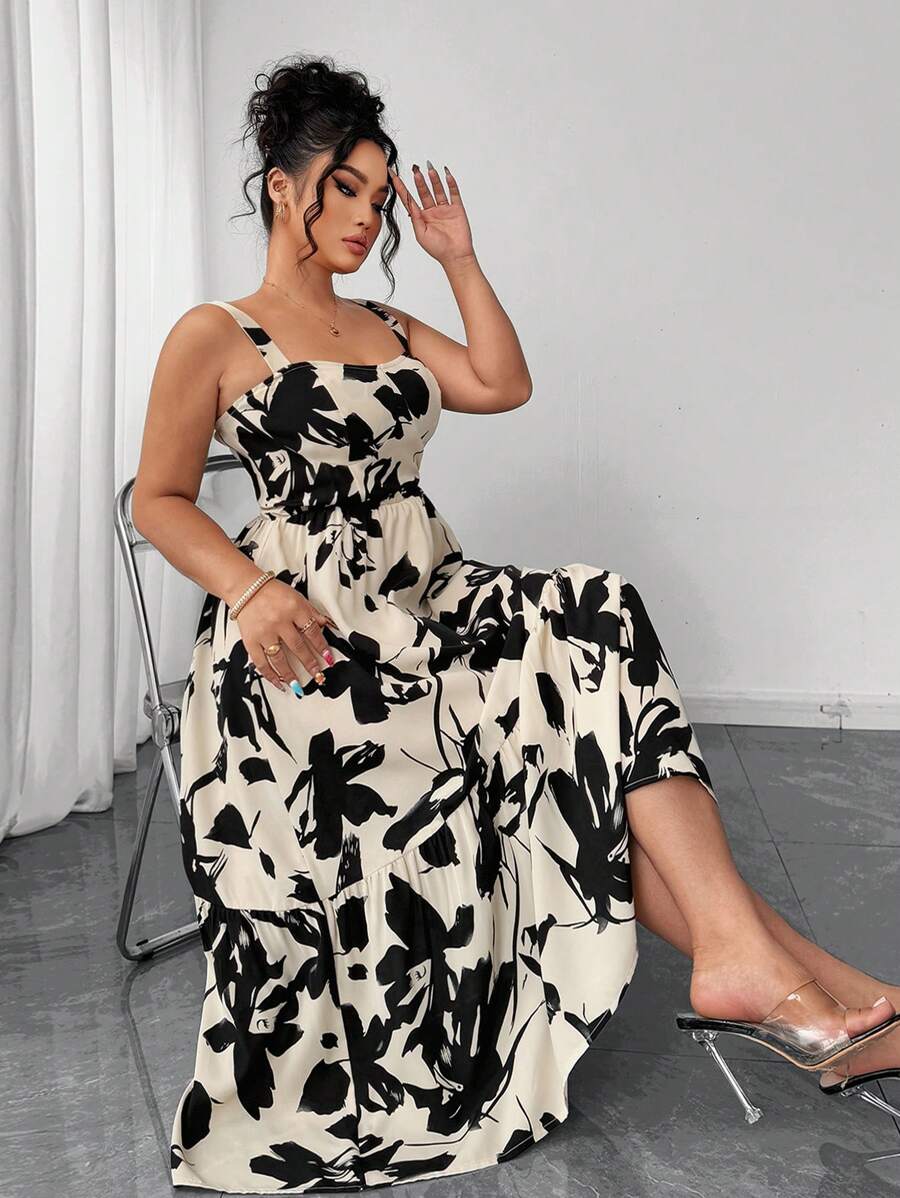 Elenzga Robe à bretelles fines avec volants et imprimé floral, convient pour les grandes tailles. Idéal pour les vacances à la plage - Nude - Voir 1