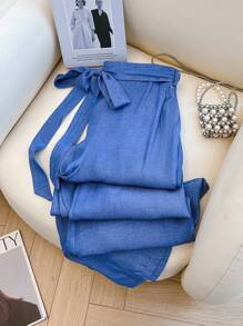 SHEIN LUNE Plus Size Casual Solid Color Wide Leg Pants - Blue - View 3