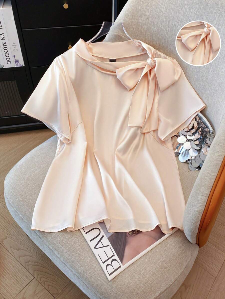 SHEIN Clasi 夏季大码纯色蝴蝶结装饰优雅衬衫 - 香檳色 - 查看 1