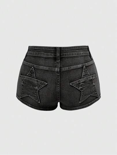 Grunge Punk Plus Size Sexy Punk Star Pocket Skinny Denim Super Shorts