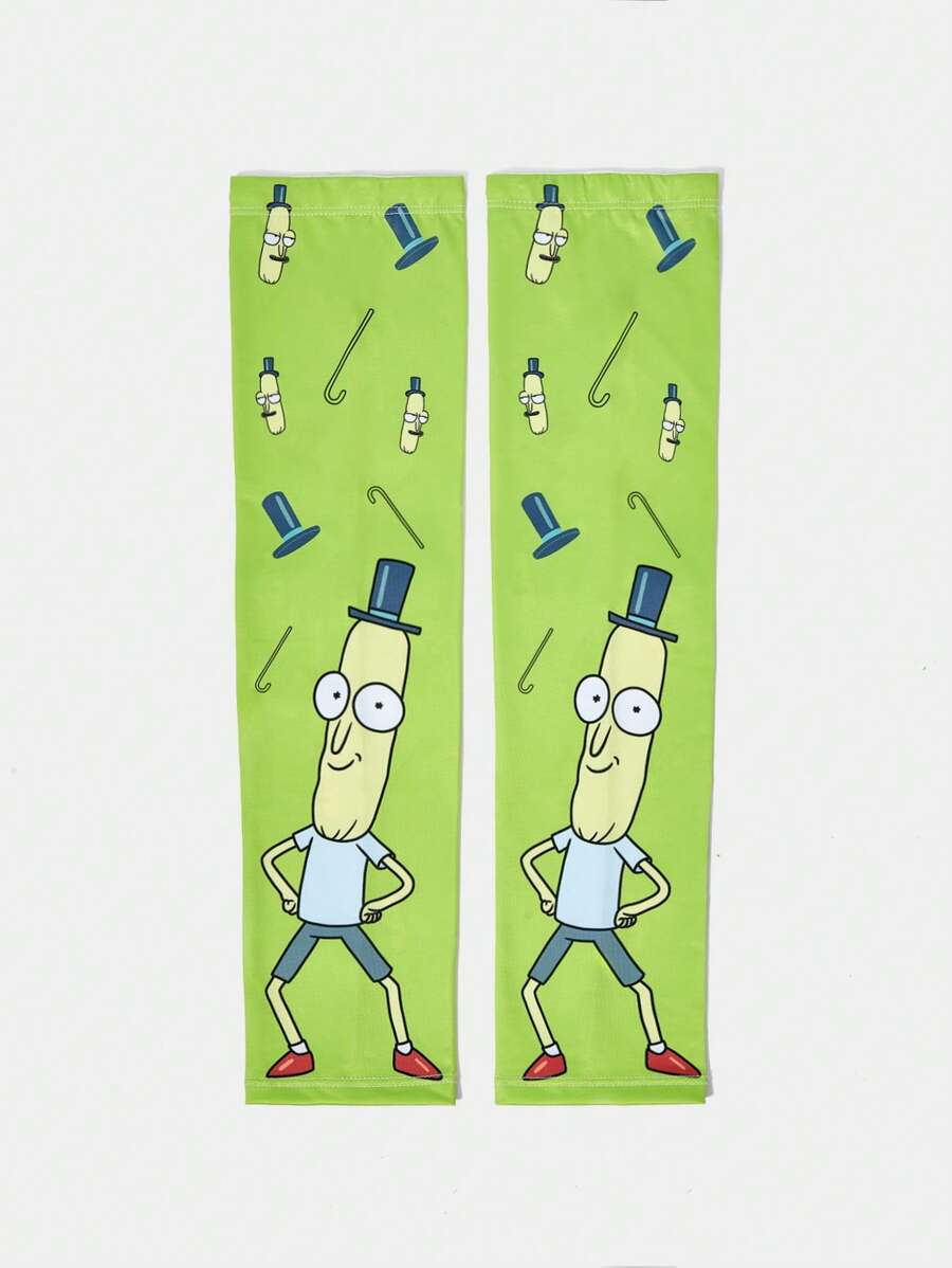 Rick and Morty X SHEIN 1双女款霓虹绿卡通印花冰丝袖套 - 綠色 - 查看 1