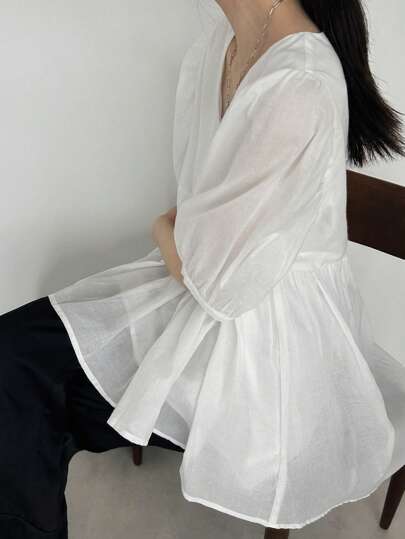 FRIFUL 女士宽松泡泡袖拼布荷叶边下摆纯色休闲短袖衬衫，夏季甜美风格