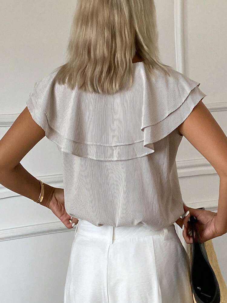 Women's Summer V-Neck Ruffled Trim Striped T-Shirt