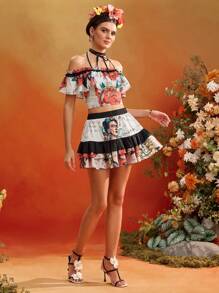 Frida Kahlo X SHEIN X Designer KATHARSIS 夏季花卉印花荷叶边多层松紧腰迷你裙夏季