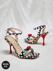 SHUZIA Damen Plateau-Sandalen mit breitem Fit, Polka Dot Muster, Knöchelriemen und Stilettoabsatz mit Kirsche Dekor