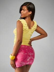 MISSGUIDED Top sin mangas con pliegues, cuello en V con volantes, recogido en los laterales, informal, de primavera, para vacaciones y fiestas de noche, en tonos pastel - Amarillo - Ver 2
