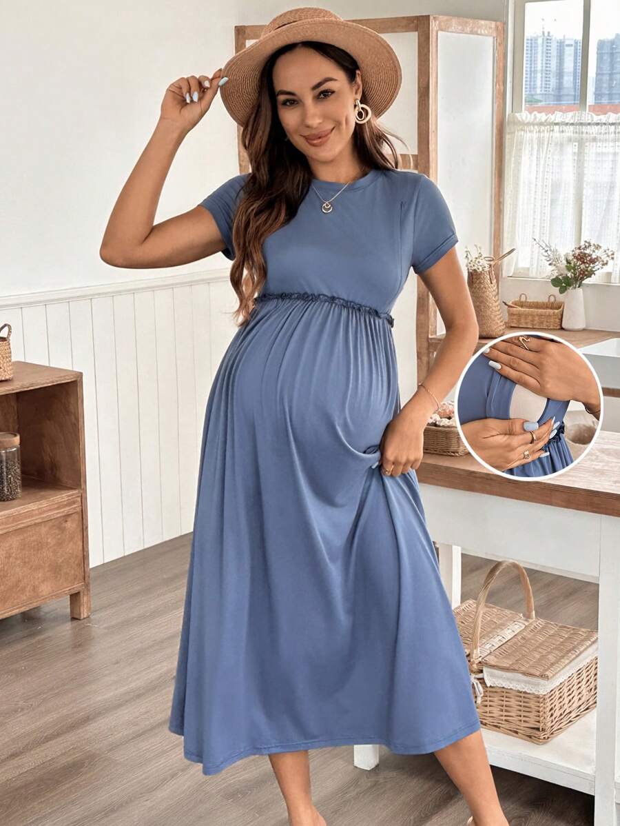 SHEIN Maternity Solid Color Round Neck Short Sleeve Casual Breastfeeding Dress - Blue - View 1