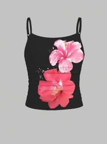 3 件套樱桃兰花扎染热带花卉印花修身吊带背心，青少年女孩休闲运动度假复古椰子女孩波西米亚风夏季