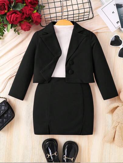 Young Girl Cute & Elegant Double Breasted Cropped Blazer & M-Slit Skirt Set, Vintage & Sweet, Versatile, For Birthday Party, Perform, Vacation, College Style, Great For Casual & Daily Wear & School Daily In Autumn & Winter, For Christmas, Mom And Daughter Matching, Girls Blazer Set, Kids Two Pieces Jacket With Skirt, Tween Dress Blazer Set, Skirt Suit For Kids