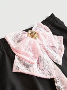 ROMWE J-Fashion Y2K Gyaru Himekaji High Rise Lace Faux 2-In-1 A-Line Skirt With Plus Size Bow For Plus Size Women - Black - View 4