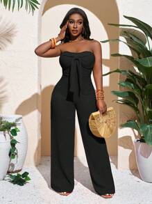 Slaydiva 新款春夏休闲度假性感优雅抹胸蝴蝶结直筒阔腿超长裤橙色针织女式连体裤 - 黑色 - 查看 4