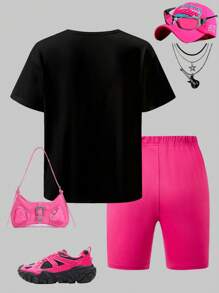 SHEIN Explorewe 2 件套青少年女孩舒适简约图案印花短袖 T 恤和紧身短裤，适合休闲装和运动夏季套装 - 玫紅色 - 查看 2