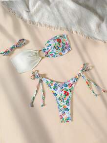 SHEIN Swim Women's 2-Piece Floral Print Patchwork Ring Tie Bandeau Bikini Set For Summer Beach Vacation - Multicolor - View 3