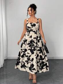 Elenzga Robe à bretelles fines avec volants et imprimé floral, convient pour les grandes tailles. Idéal pour les vacances à la plage - Nude - Voir 3