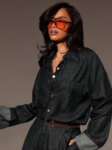 Athîral 女式休闲时尚纽扣口袋长袖牛仔连体裤 - 黑色 - 查看 5