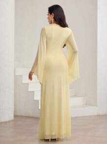 Veilorie Yellow Oil Cream Yellow Oblique Neck, Ruched, Asymmetric, Pale Yellow Asymmetrical Hem, Bell Sleeve, Elegant Dress Light Yellow Dress Women Yellow Maxi Dress - Yellow - View 7