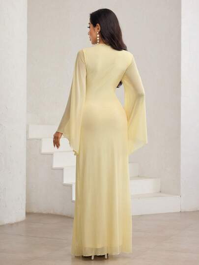 Veilorie Yellow Oil Cream Yellow Oblique Neck, Ruched, Asymmetric, Pale Yellow Asymmetrical Hem, Bell Sleeve, Elegant Dress Light Yellow Dress Women Yellow Maxi Dress