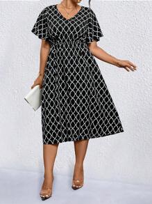 Cravure Đầm Maxi Thanh Lịch Cổ Chữ V In Hình Hình Học Size Lớn Cho Nữ Tay Ngắn Xếp Ly - Đen và trắng - Xem 3