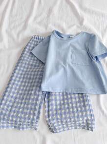 SHEIN Vintaside Kids 2 Pieces Baby Boy Cute Casual Short-Sleeved Top And Plaid Pants Set, Suitable For Summer, Home And Travel