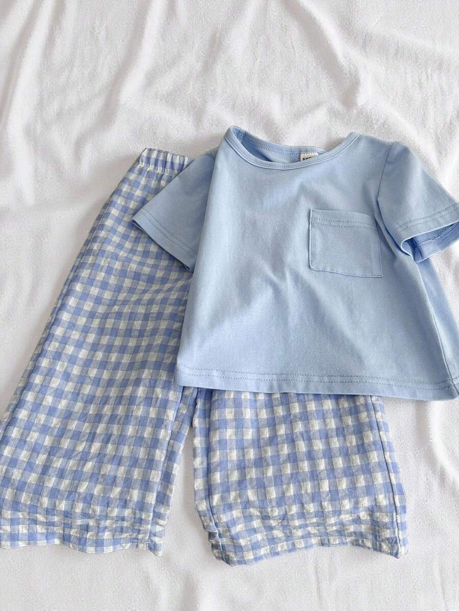 SHEIN Vintaside Kids 2 Pieces Baby Boy Cute Casual Short-Sleeved Top And Plaid Pants Set, Suitable For Summer, Home And Travel