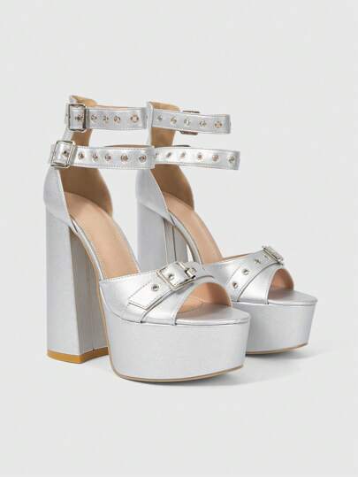 Grunge Punk Outdoor Women Round Toe Block High Heel Waterproof Platform PU Leather Fashion Sexy White Buckle Strap Sandals