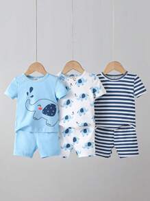 6pcs/Set Infant & Toddler Boys' Elephant Print Striped Shorts, Snug Fit Spring/Summer Casual Wear