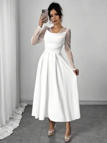 Firerie 女士新款优雅水钻雪纺长袖喇叭领连衣裙、白色连衣裙、节日连衣裙、沙滩裙、休闲日常装/骄傲装女士/假期装女士/生日装/女士教师装 - 白色 - 查看 5