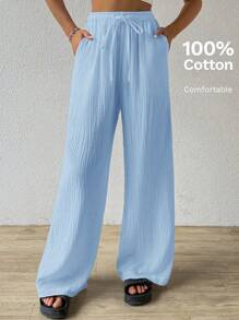 SHEIN EZwear 夏季纯色纹理褶皱面料宽松抽绳腰系带纯棉休闲度假大码阔腿裤 - 淺藍色 - 查看 5