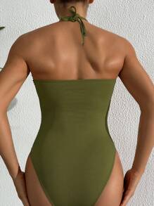 Swim Vcay 1pc Brown Ribbed Starfish & Shell Trim Strapless Elegant Swimsuit For Women, One-Piece For Summer Beach Vacation - Army Green - View 2