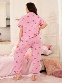 Conjunto de pijama de talla grande con Top de manga corta con volantes y lazo, y pantalones a rayas - Multicolor - Ver 2