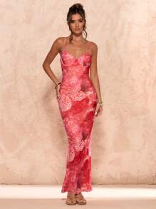 SHEIN BAE 夏季女式花卉印花露背性感优雅连衣裙/花卉印花连衣裙/返校装/女士夏季连衣裙/女士婚礼宾客连衣裙/女士度假装/粉色连衣裙/女士生日连衣裙/女士约会晚装 - 粉色 - 查看 6