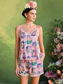 Frida Kahlo X SHEIN X Designer Oxana Two Pieces Satin Pajama Set Contrast Lace Floral Print Cami Top & Shorts Women Summer Vacation Beach Holiday - Multicolor - View 4
