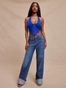 SHEIN Unity 上衣深 V 领紧身胸衣纯色露背夏季基本款上衣派对俱乐部音乐演唱会节日秋季夏季女士服装