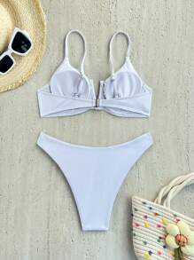 SHEIN Swim Women's Summer Beach Solid Color Ruched Sexy White Bikini Set, Wire-Wrapped, Non-Push Up - White - View 3