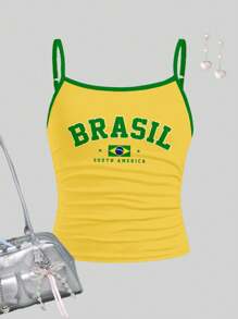 SHEIN Casual Sports City Letter "BRAZIL" Contrast Trim, Tween Girls Fitted Athleisure Racerback Tank Top