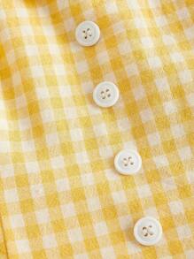 SHEIN MOD 格子荷叶边撞色拼色无袖单排扣休闲连衣裙，夏季 - 淡黃色 - 查看 4