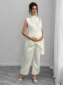 Momance Bộ đồ bầu 2 món thanh lịch màu trơn - Áo cánh satin viền bất đối xứng kèm quần ống đứng, tinh tế - Màu be - Xem 4