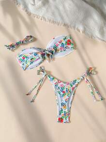 SHEIN Swim Women's 2-Piece Floral Print Patchwork Ring Tie Bandeau Bikini Set For Summer Beach Vacation - Multicolor - View 2