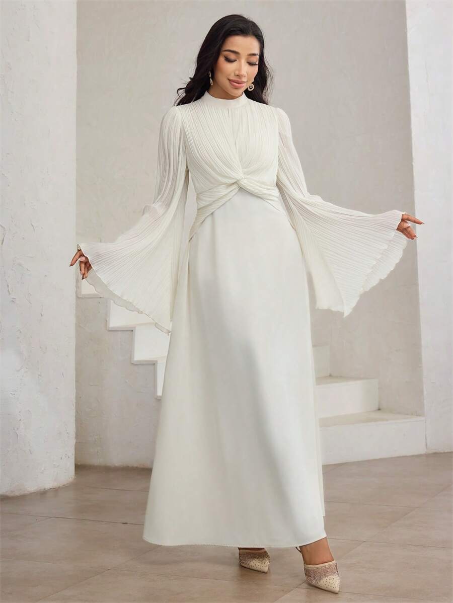 Veilorie Pleated Wrinkled Twisted Bowknot Design Elegant Modest Elegant Romantic Arabic Style Dress Wedding Allover White Summer - Apricot - View 1