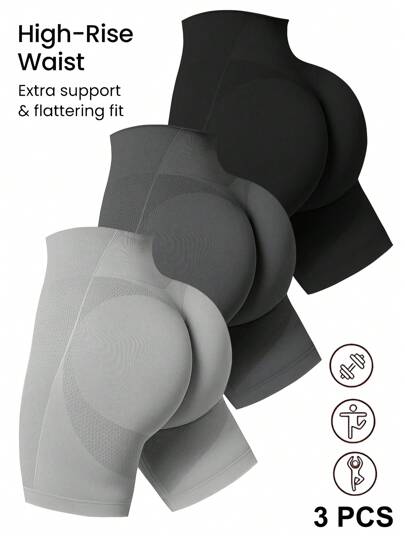 Easithlete Pantalones cortos deportivos elásticos sin costuras de cintura alta de color liso para entrenamiento