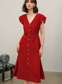 EMERY ROSE 女士时尚 V 领系腰开衩下摆夏季假日连衣裙新年衣服长款度假沙滩装