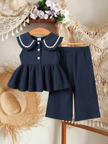 SHEIN Vintaside Kids 2-delige set voor babymeisjes, schattig stijlvol marineblauw topje zonder hals en broek, preppy stijl lente- en zomerkleding.
