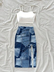 Soleia 2pcs/Set Women's Casual & Holiday Style Indigo Mechanical Texture Print Top And Shorts Set, Suitable For Summer Vacation - Multicolor - View 3