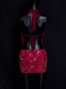 SHEIN ICON 2 chiếc/bộ áo hở lưng cổ chữ V hở lưng vải sequin cỡ lớn cho nữ và chân váy bó sát - Đỏ - Xem 2