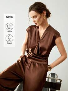 Uhlyne Bộ đồ 2 món cho nữ, gồm áo crop top dệt xếp ly cổ chữ V và tay lửng, quần ống đứng trơn, thanh lịch khi đi làm, mùa hè - màu nâu - Xem 2